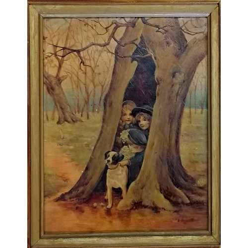 11 - 19thc pair of framed paintings oil on board of children playing hide and seek by Ada Allen 1892 as a... 