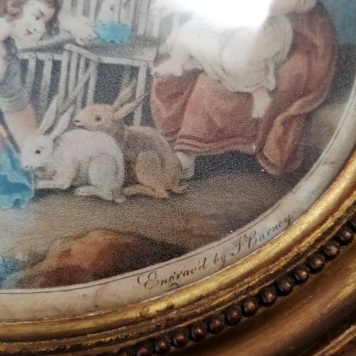 12 - Antique oval framed etching of children by J Barney frame 27cm x 22cm