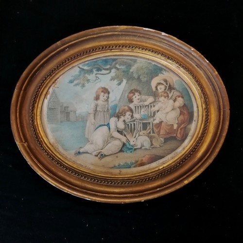 12 - Antique oval framed etching of children by J Barney frame 27cm x 22cm