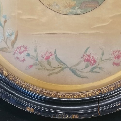 13 - Antique oval framed needlework picture of mother and child with a border of flowers frame size 50cm ... 