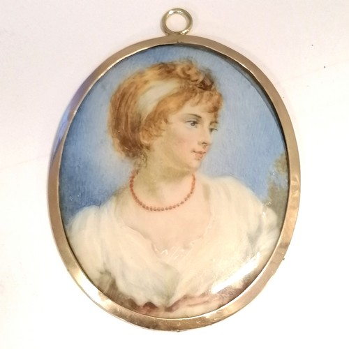 15 - Regency portrait miniature of a woman with a coral necklace in an unmarked 9ct gold frame 9cm x 6.5c... 