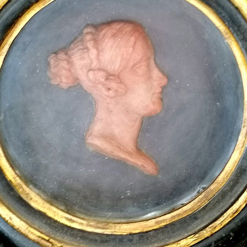 17 - Georgian circular framed wax relief of a ladies head 18cm diameter- no obvious damage