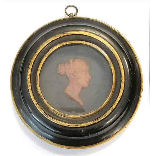 17 - Georgian circular framed wax relief of a ladies head 18cm diameter- no obvious damage