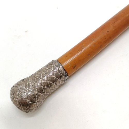 20 - Antique unmarked silver topped Malacca walking cane with woven detail78cm long