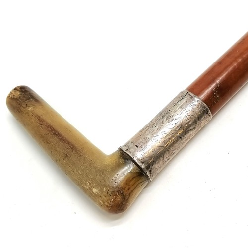 21 - Antique unmarked silver and horn handled Malacca walking stick 86cm long- some splits to the silver ... 
