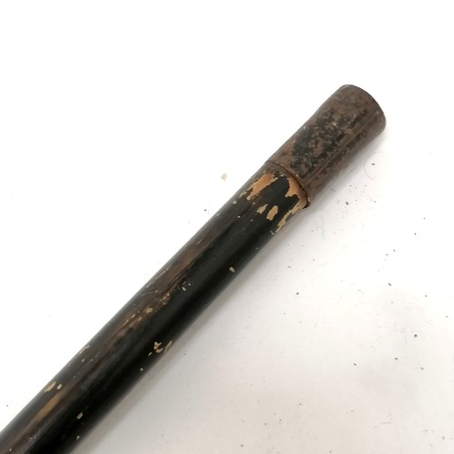 24 - Antique ebonised walking cane with bronze handle depicting a recumbent lion 84cm long- losses to the... 