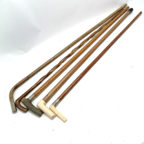 26 - 3 horn handled walking sticks T/W 2 others, longest 93cm long
