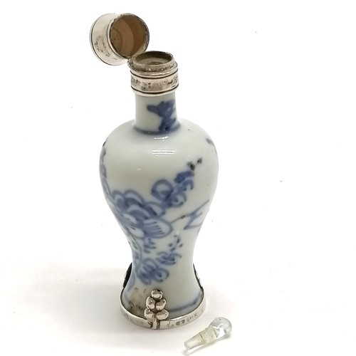 29 - Antique Chinese porcelain scent / snuff bottle with silver mounts with marks to top and base - 7.5cm... 