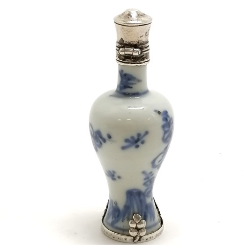 29 - Antique Chinese porcelain scent / snuff bottle with silver mounts with marks to top and base - 7.5cm... 