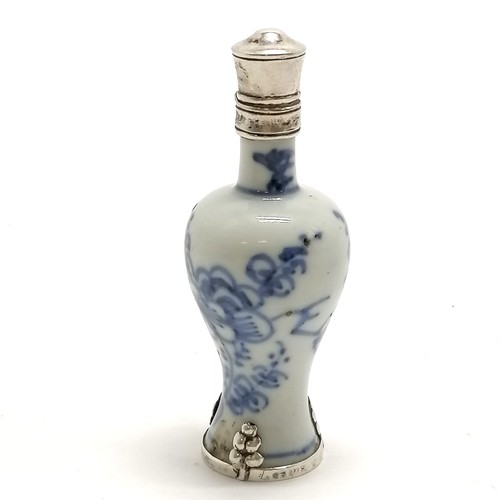29 - Antique Chinese porcelain scent / snuff bottle with silver mounts with marks to top and base - 7.5cm... 