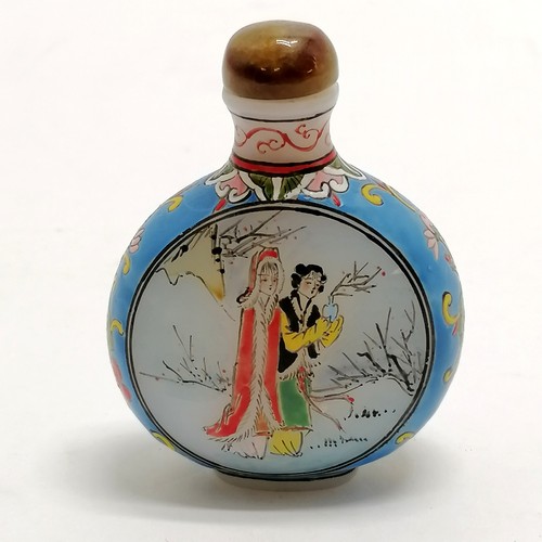 32 - Oriental moon flask shaped snuff bottle with hardstone stopper and 2 panels depicting seasons - 6.5c... 