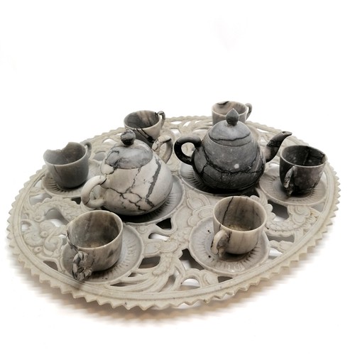 38 - Oriental grey soapstone dragon detailed hand carved tray with teaset - 40cm across ~ 3 cups a/f & su... 