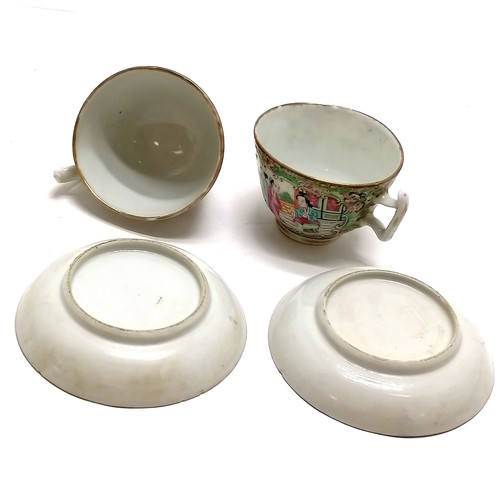 41 - 2 x antique Chinese Cantonese cups & saucers (9cm diameter) - all slight a/f
