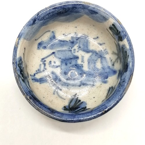 43 - small blue and white Chinese pottery bowl on 3 circular feet 7cm diameter x 3.5cm high- small losses... 