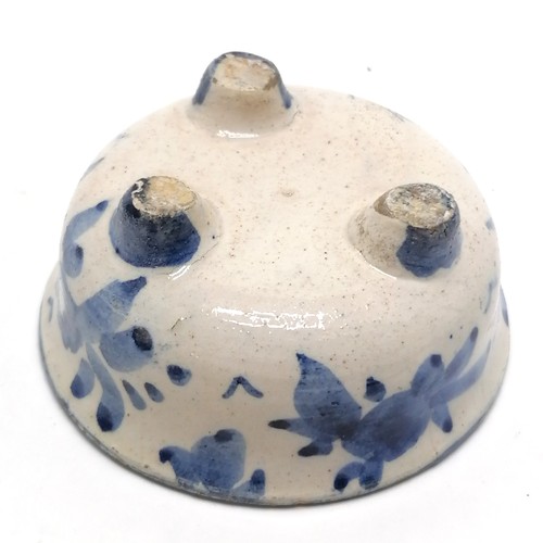 43 - small blue and white Chinese pottery bowl on 3 circular feet 7cm diameter x 3.5cm high- small losses... 