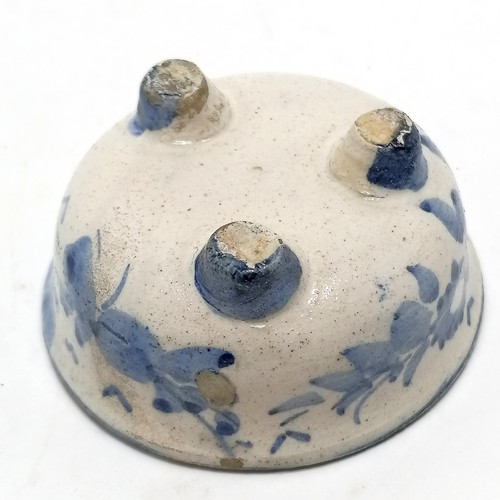 43 - small blue and white Chinese pottery bowl on 3 circular feet 7cm diameter x 3.5cm high- small losses... 