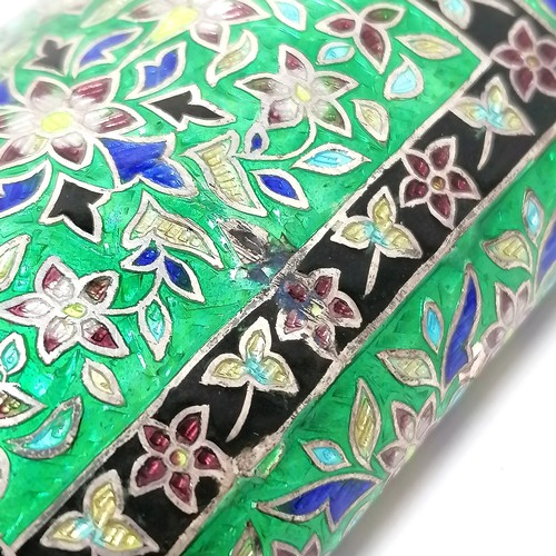 44 - 925 marked silver flask with green enamel decoration 11cm high x 6cm- 1 small dent to the body other... 