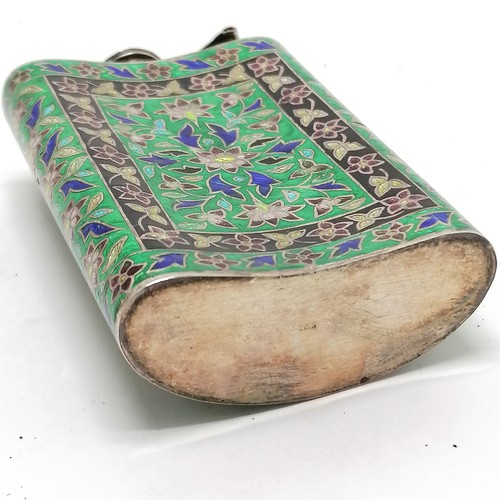 44 - 925 marked silver flask with green enamel decoration 11cm high x 6cm- 1 small dent to the body other... 