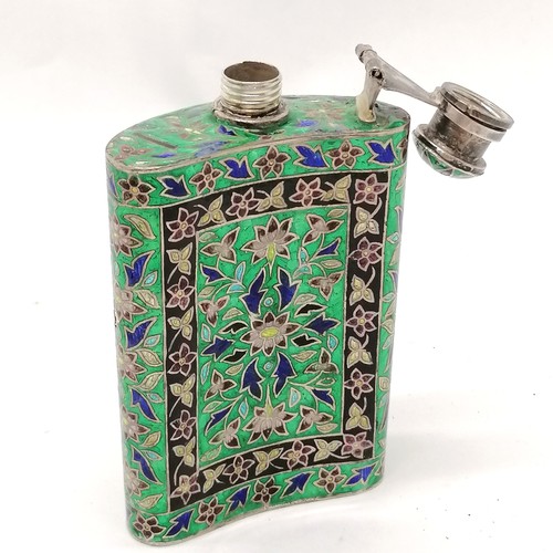 44 - 925 marked silver flask with green enamel decoration 11cm high x 6cm- 1 small dent to the body other... 