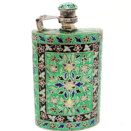 44 - 925 marked silver flask with green enamel decoration 11cm high x 6cm- 1 small dent to the body other... 