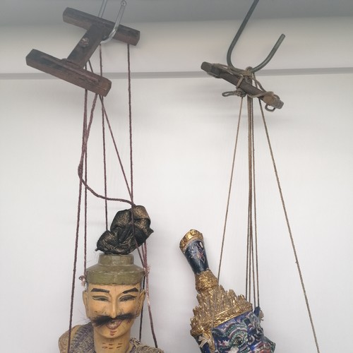 47 - 2 x Authentic wood & silk large puppets on strings - tallest 80cm