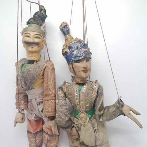 47 - 2 x Authentic wood & silk large puppets on strings - tallest 80cm