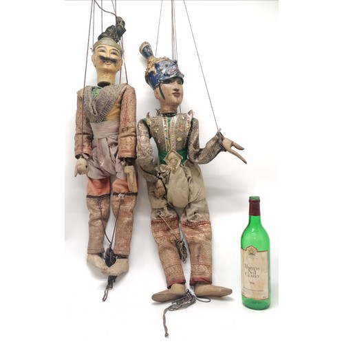 47 - 2 x Authentic wood & silk large puppets on strings - tallest 80cm