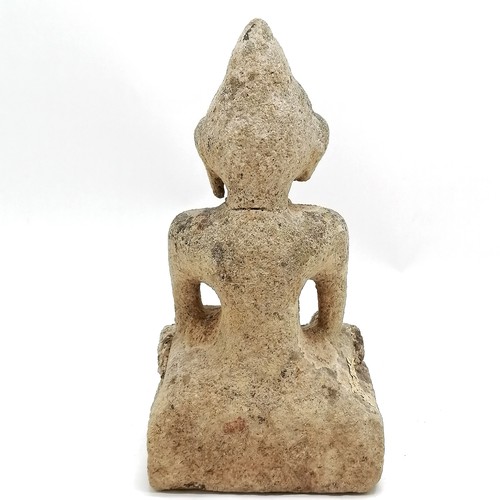 48 - 19th century or earlier stone seated Buddha figure - 29cm high & has some lichen formations to body ... 