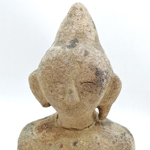 48 - 19th century or earlier stone seated Buddha figure - 29cm high & has some lichen formations to body ... 