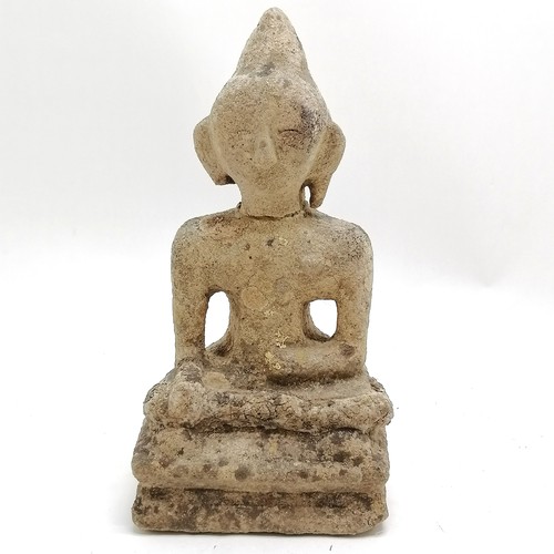 48 - 19th century or earlier stone seated Buddha figure - 29cm high & has some lichen formations to body ... 