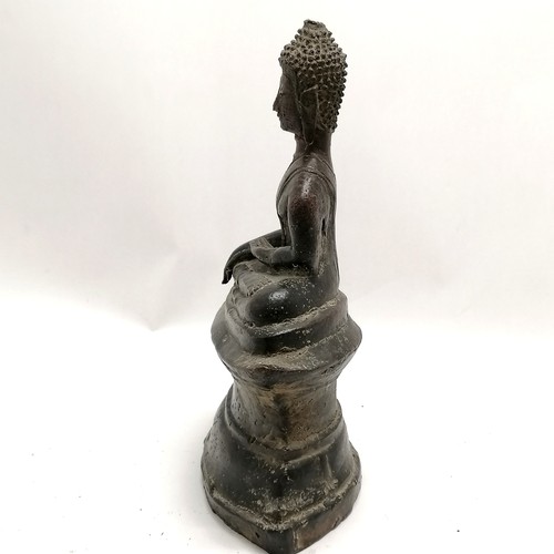 50 - 19th century or earlier bronze seated Buddha on raised pedestal / plinth - 28cm high & has losses to... 