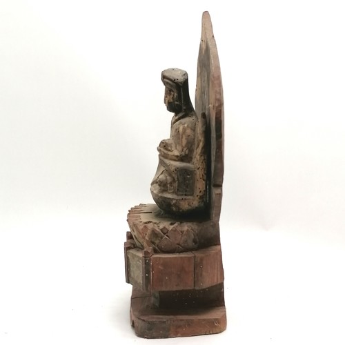 51 - Chinese 19th century or earlier wooden hand carved Buddha figure with ray to back & on raised plinth... 