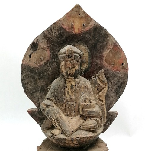 51 - Chinese 19th century or earlier wooden hand carved Buddha figure with ray to back & on raised plinth... 
