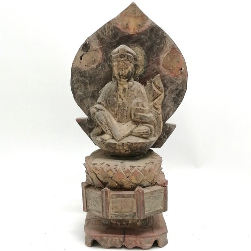 51 - Chinese 19th century or earlier wooden hand carved Buddha figure with ray to back & on raised plinth... 