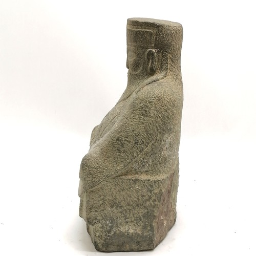 52 - Oriental hand carved stone seated sage figure with script to sleeve and rabbit detail to chest - 29c... 