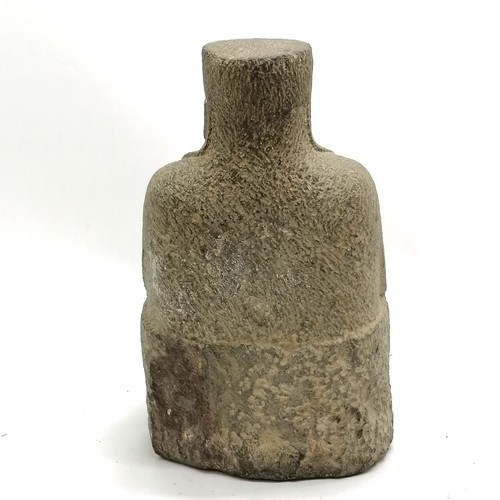 52 - Oriental hand carved stone seated sage figure with script to sleeve and rabbit detail to chest - 29c... 