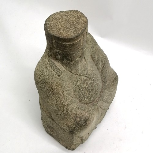52 - Oriental hand carved stone seated sage figure with script to sleeve and rabbit detail to chest - 29c... 