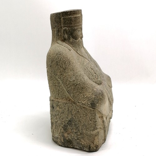 52 - Oriental hand carved stone seated sage figure with script to sleeve and rabbit detail to chest - 29c... 