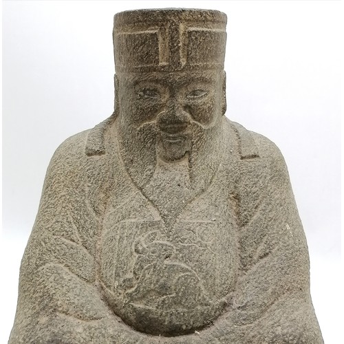 52 - Oriental hand carved stone seated sage figure with script to sleeve and rabbit detail to chest - 29c... 