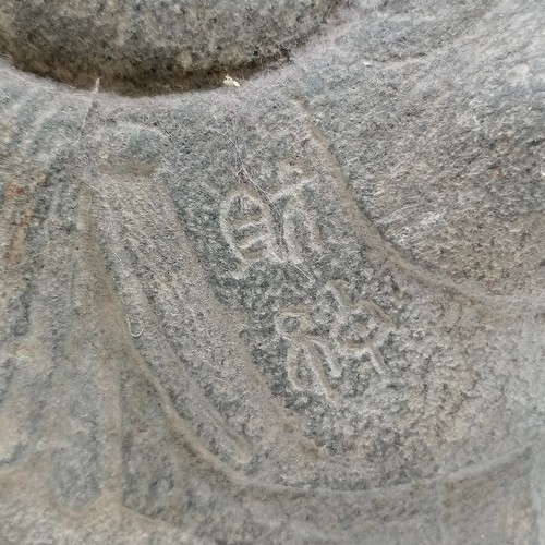 52 - Oriental hand carved stone seated sage figure with script to sleeve and rabbit detail to chest - 29c... 
