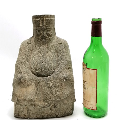 52 - Oriental hand carved stone seated sage figure with script to sleeve and rabbit detail to chest - 29c... 