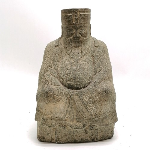 52 - Oriental hand carved stone seated sage figure with script to sleeve and rabbit detail to chest - 29c... 