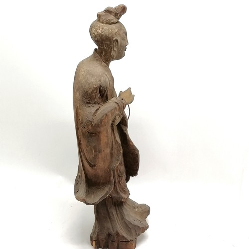 55 - Antique Chinese hand carved wooden standing figure with separate hand carved hand - 52cm high & has ... 