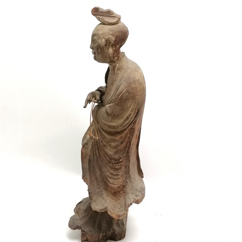55 - Antique Chinese hand carved wooden standing figure with separate hand carved hand - 52cm high & has ... 