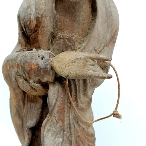 55 - Antique Chinese hand carved wooden standing figure with separate hand carved hand - 52cm high & has ... 