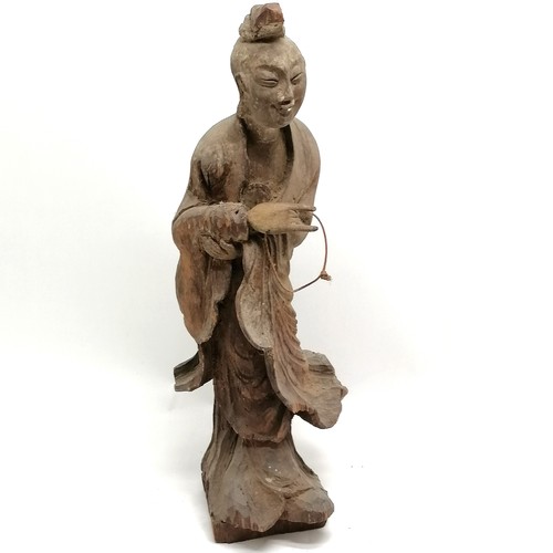 55 - Antique Chinese hand carved wooden standing figure with separate hand carved hand - 52cm high & has ... 