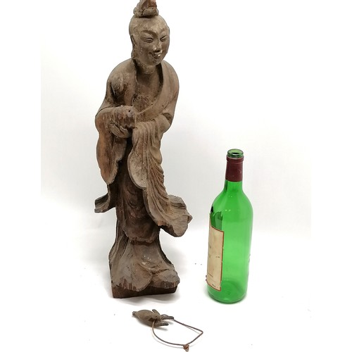 55 - Antique Chinese hand carved wooden standing figure with separate hand carved hand - 52cm high & has ... 
