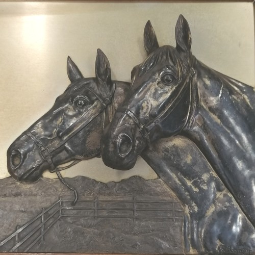 232 - Framed silver plated metallic relief 3-D picture of 2 horses by Georg (Gg) Bommer - frame 43cm x 52.... 
