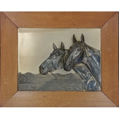232 - Framed silver plated metallic relief 3-D picture of 2 horses by Georg (Gg) Bommer - frame 43cm x 52.... 