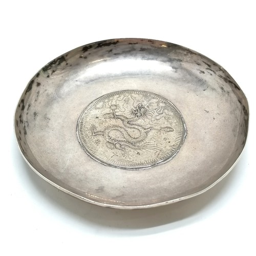 37 - Silver dish inset with Chinese coin - 8.4cm diameter & 67g and has some wear